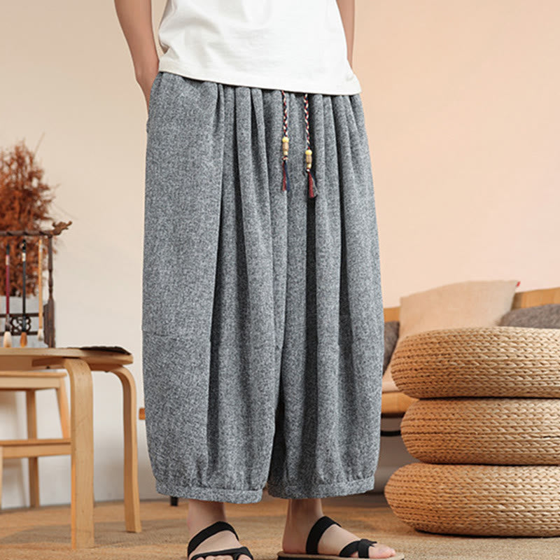 Buddha Stones Summer Characters Embroidery Drawstring Men's Cropped Ankle-Length Harem Pants With Pockets - image 2
