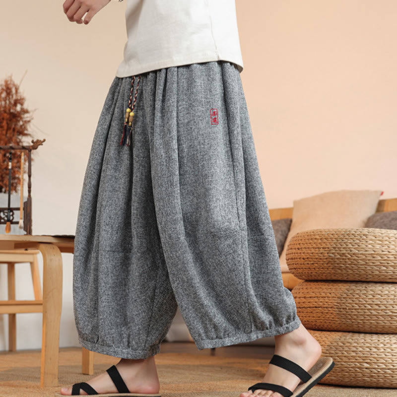 Buddha Stones Summer Characters Embroidery Drawstring Men's Cropped Ankle-Length Harem Pants With Pockets - image 6