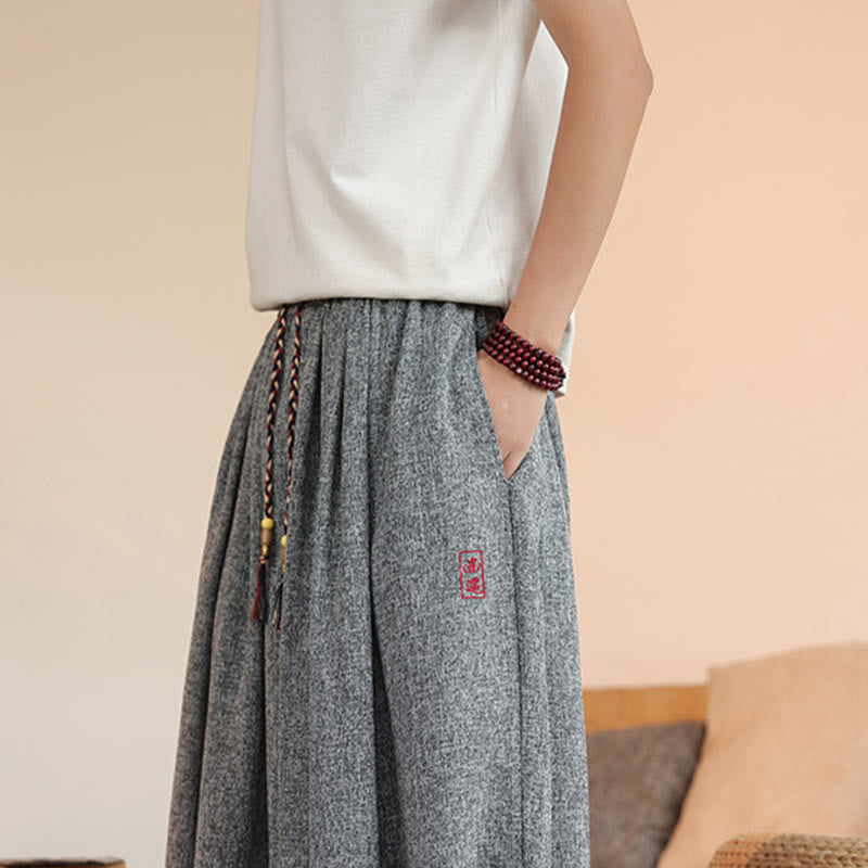 Buddha Stones Summer Characters Embroidery Drawstring Men's Cropped Ankle-Length Harem Pants With Pockets - image 9