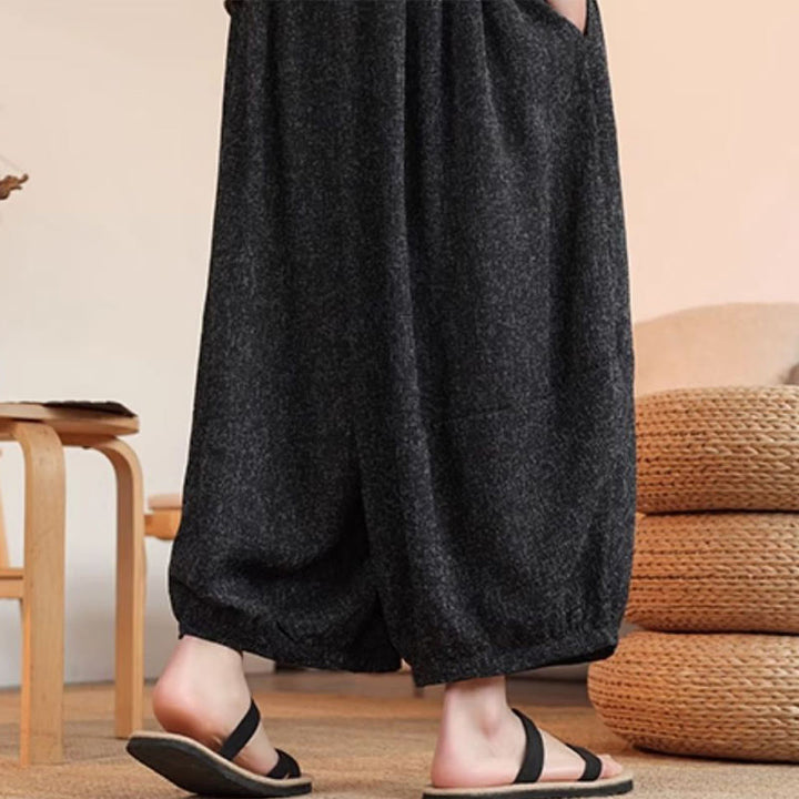 Buddha Stones Summer Characters Embroidery Drawstring Men's Cropped Ankle-Length Harem Pants With Pockets - image 17