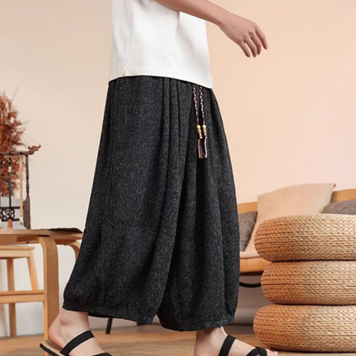 Buddha Stones Summer Characters Embroidery Drawstring Men's Cropped Ankle-Length Harem Pants With Pockets - image 18