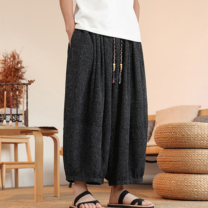 Buddha Stones Summer Characters Embroidery Drawstring Men's Cropped Ankle-Length Harem Pants With Pockets - image 15