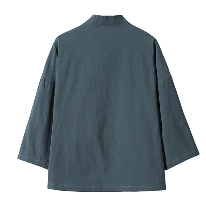 Buddha Stones Embroidery Flying White Cranes Cotton Linen Open Front Jacket Men's Kimono - image 1