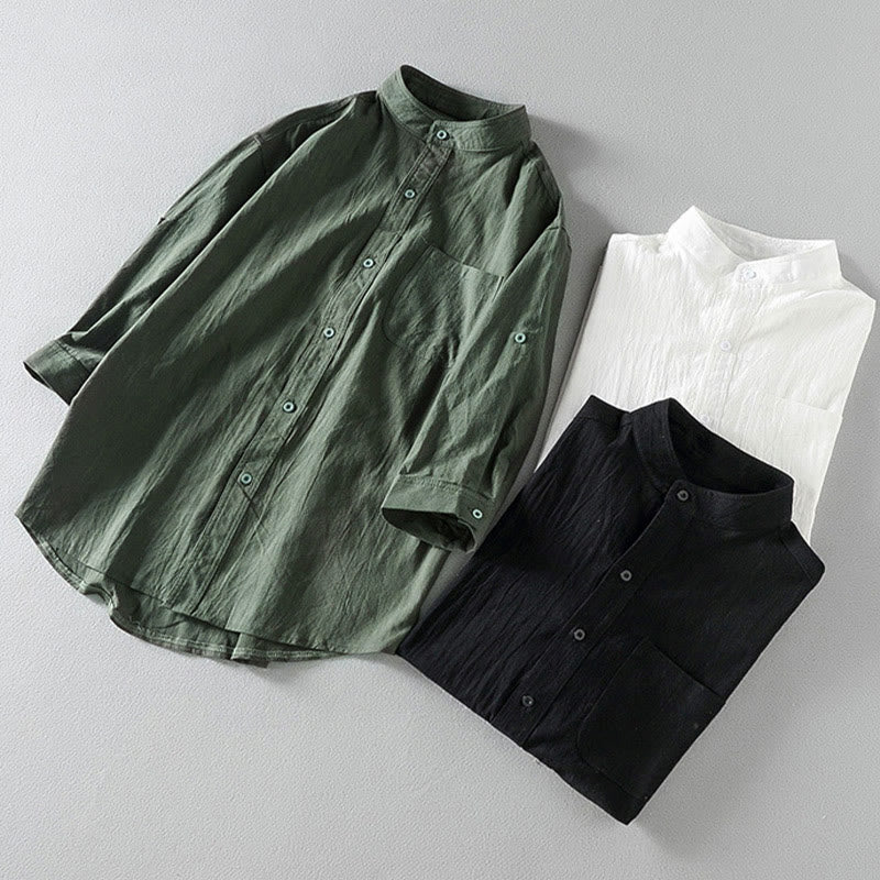 Buddha Stones Summer Solid Men's Buttons Half Sleeve Cotton Linen Shirt - image 17