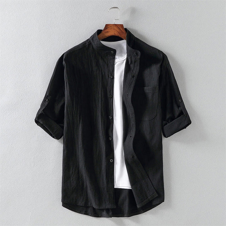 Buddha Stones Summer Solid Men's Buttons Half Sleeve Cotton Linen Shirt - Black - US/UK/AU46，EU56 (5XL) - image 0
