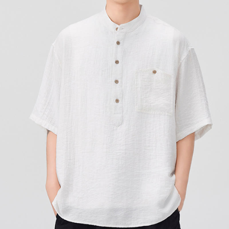Buddha Stones Summer Plain Half Buttons Design Men's Half Sleeve Shirt - White - US/UK/AU44，EU54 (4XL) - image 1