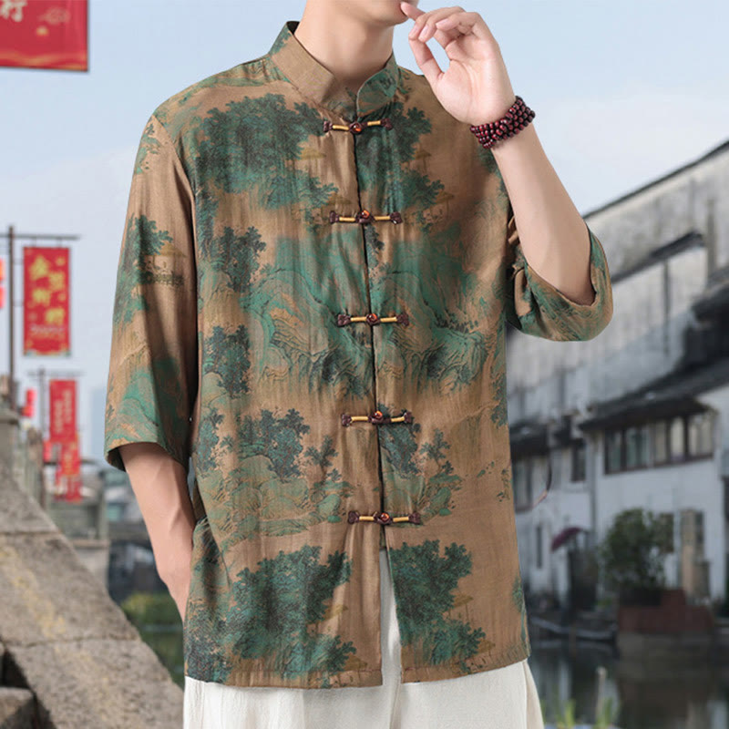 Buddha Stones Dragon Auspicious Clouds Green Mountains Chinese Frog-Button Men's Half Sleeve Cotton Linen Shirt - image 7