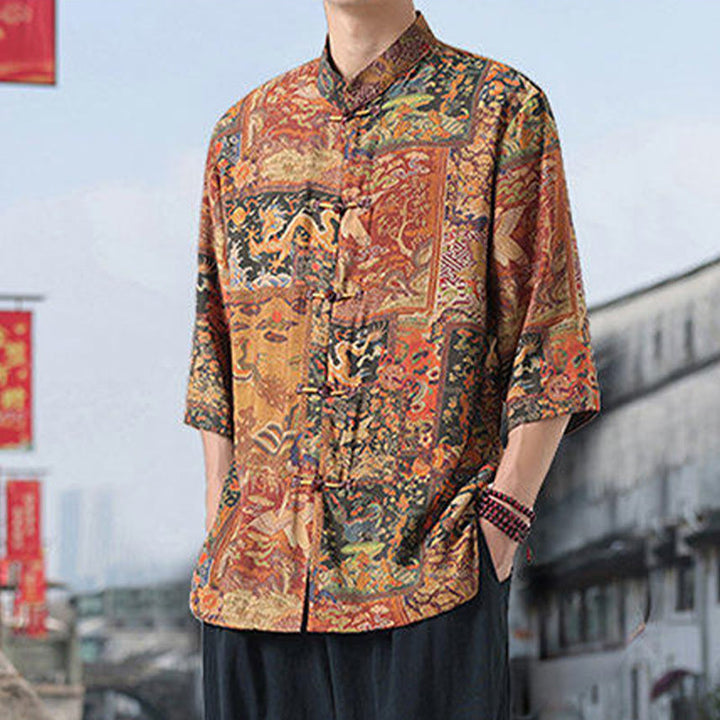 Buddha Stones Dragon Auspicious Clouds Green Mountains Chinese Frog-Button Men's Half Sleeve Cotton Linen Shirt - image 4