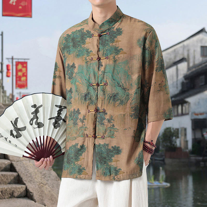 Buddha Stones Dragon Auspicious Clouds Green Mountains Chinese Frog-Button Men's Half Sleeve Cotton Linen Shirt - image 11