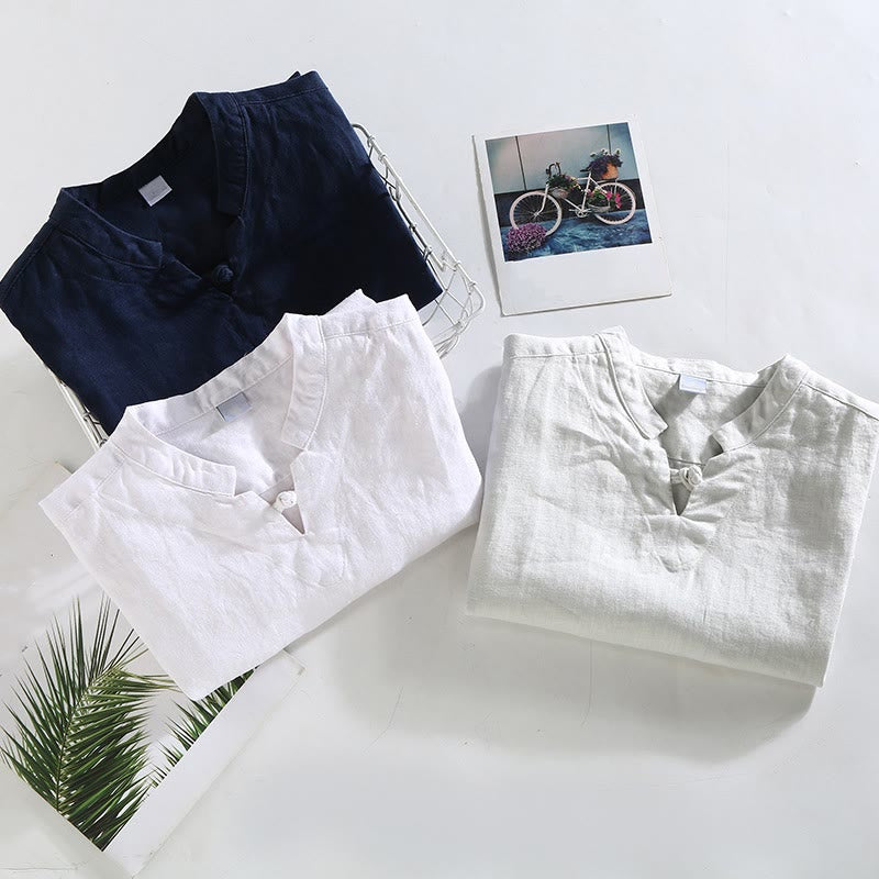 Buddha Stones Summer Solid Design Men's Short Sleeve Linen Shirt - image 13