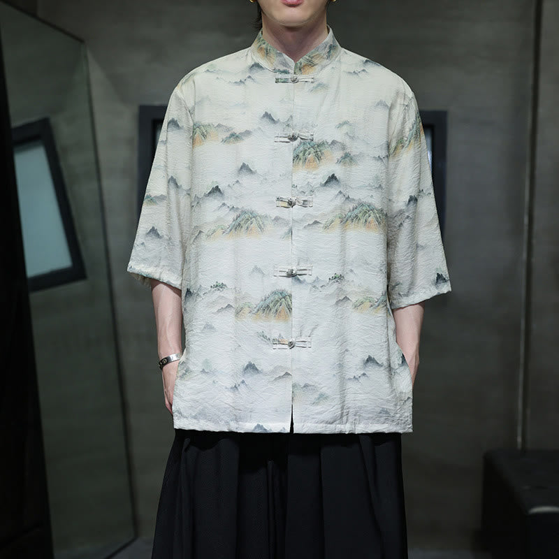 Buddha Stones Ink Painting Mountains Chinese Frog-Button Tang Suit Men's Half Sleeve Cotton Linen Shirt - Linen - US/UK/AU46，EU56 (5XL) - image 13