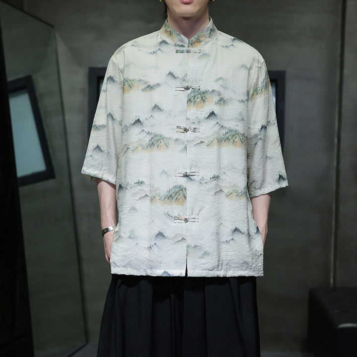 Buddha Stones Ink Painting Mountains Chinese Frog-Button Tang Suit Men's Half Sleeve Cotton Linen Shirt - Linen - US/UK/AU46，EU56 (5XL) - image 13