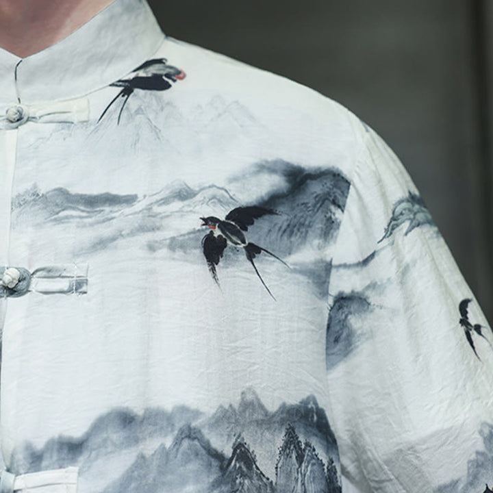 Buddha Stones Ink Painting Mountains Chinese Frog-Button Tang Suit Men's Half Sleeve Cotton Linen Shirt - image 11