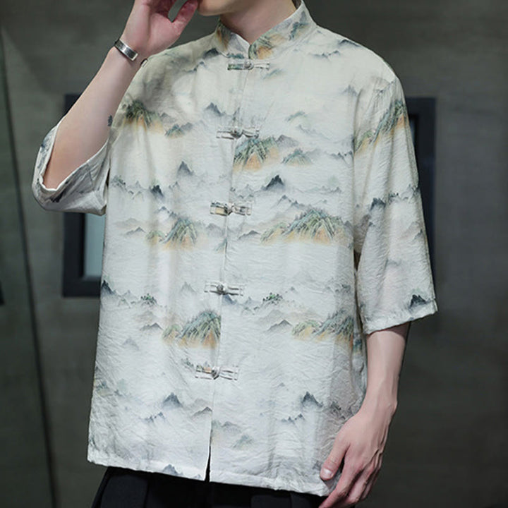 Buddha Stones Ink Painting Mountains Chinese Frog-Button Tang Suit Men's Half Sleeve Cotton Linen Shirt - image 18