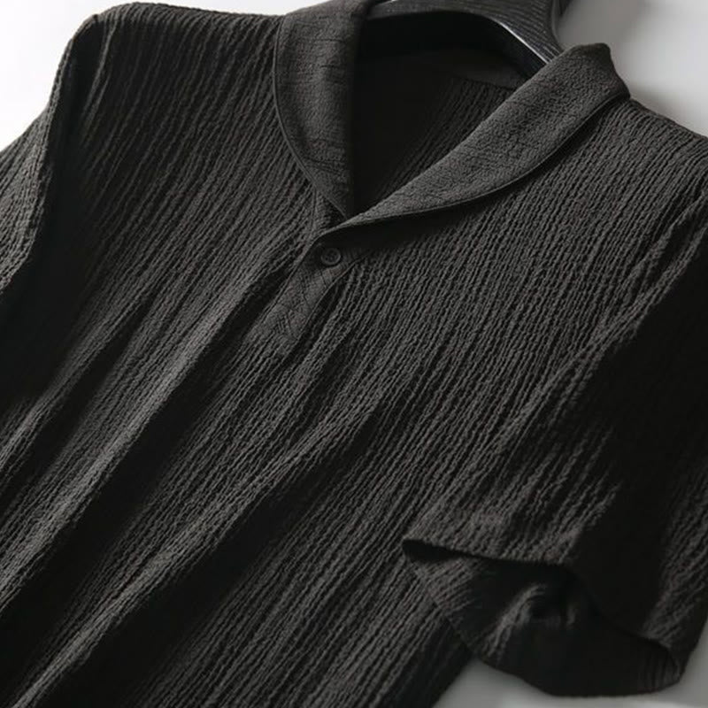 Buddha Stones 2Pcs Solid Color Wrinkle V-Neck Short Sleeve T-shirt Pants Clothing Men's Set - image 3