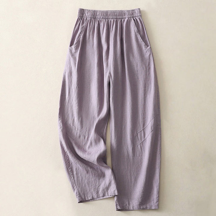 Buddha Stones Summer Daily Solid Color Elastic Waistband Design Women's Wide Leg Cotton Linen Pants With Pockets - MediumPurple - US8-10，UK/AU12-14，EU40-42 (2XL) - image 4