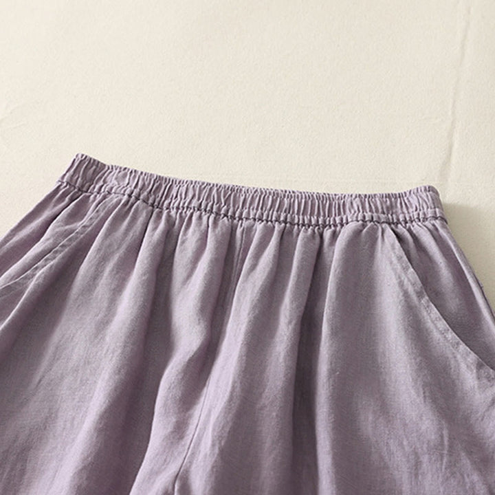 Buddha Stones Summer Daily Solid Color Elastic Waistband Design Women's Wide Leg Cotton Linen Pants With Pockets - image 6