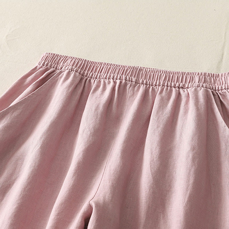 Buddha Stones Summer Daily Solid Color Elastic Waistband Design Women's Wide Leg Cotton Linen Pants With Pockets - image 10