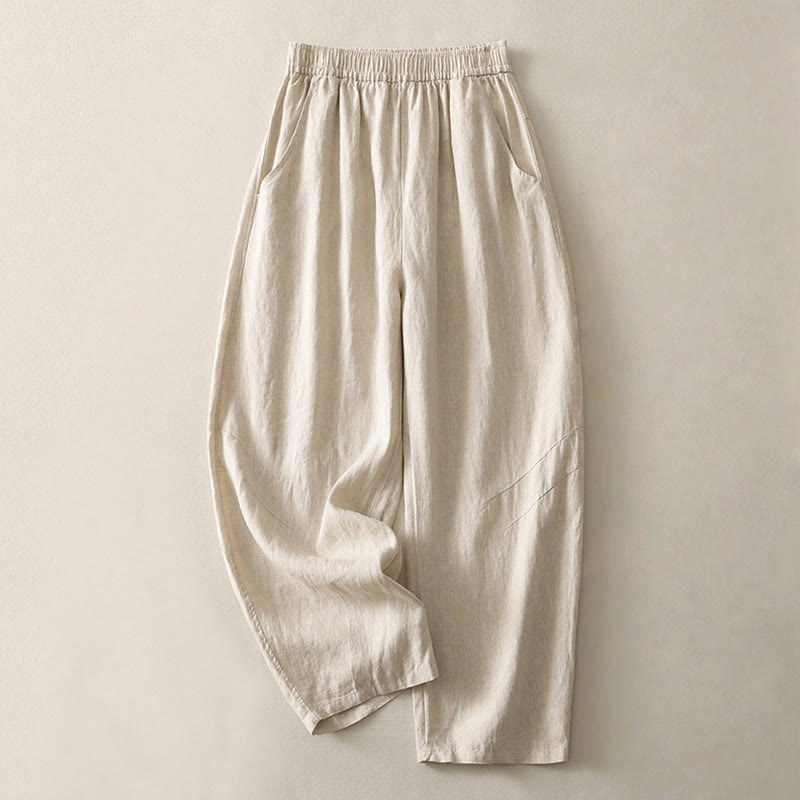 Buddha Stones Summer Daily Solid Color Elastic Waistband Design Women's Wide Leg Cotton Linen Pants With Pockets - Beige - US8-10，UK/AU12-14，EU40-42 (2XL) - image 0