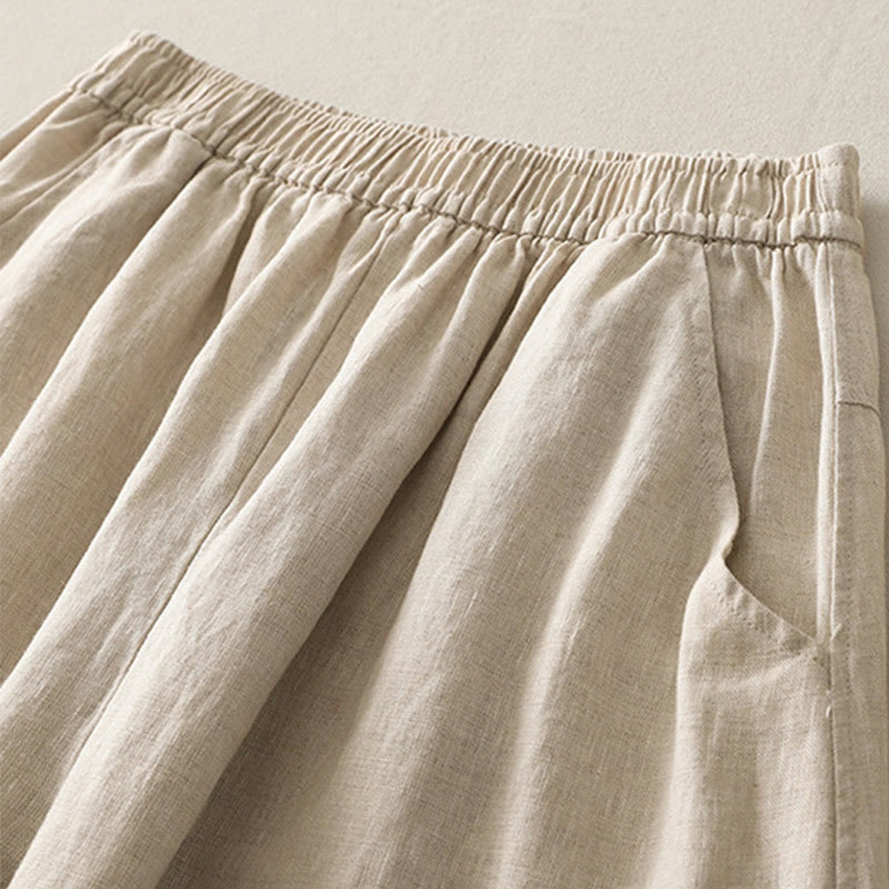 Buddha Stones Summer Daily Solid Color Elastic Waistband Design Women's Wide Leg Cotton Linen Pants With Pockets - image 1