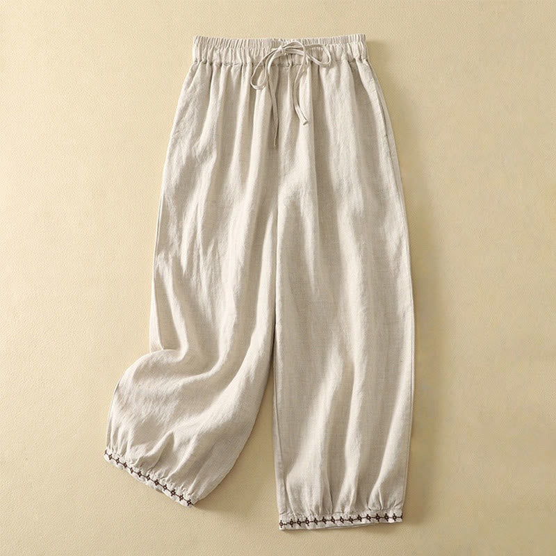 Buddha Stones Casual Retro Drawstring Embroidery Design Women's 7-8 Length Pants With Pockets - Linen - US8-10，UK/AU12-14，EU40-42 (2XL) - image 0