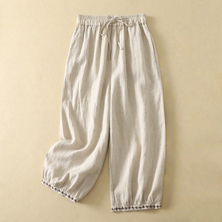 Buddha Stones Casual Retro Drawstring Embroidery Design Women's 7-8 Length Pants With Pockets - Linen - US8-10，UK/AU12-14，EU40-42 (2XL) - image 0