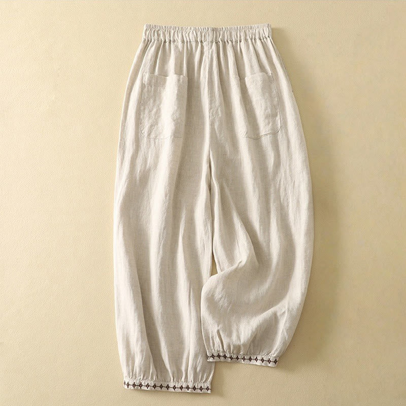 Buddha Stones Casual Retro Drawstring Embroidery Design Women's 7-8 Length Pants With Pockets - image 1