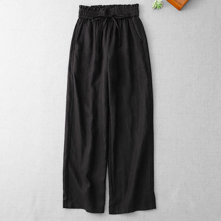 Buddha Stones Casual High Waist Ruffled Drawstring Design Women's Wide Leg Cotton Pants With Pockets - image 17