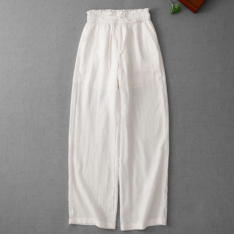 Buddha Stones Casual High Waist Ruffled Drawstring Design Women's Wide Leg Cotton Pants With Pockets - image 11