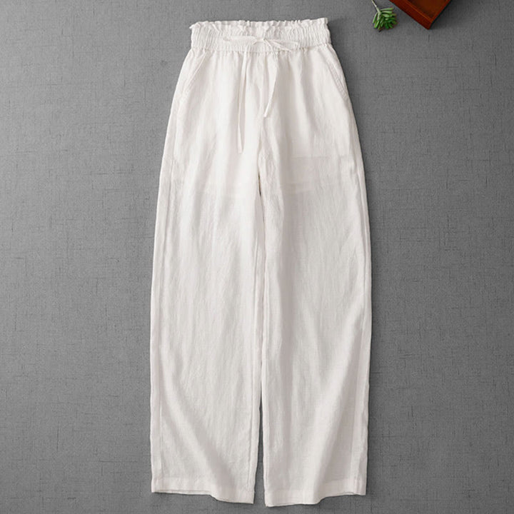 Buddha Stones Casual High Waist Ruffled Drawstring Design Women's Wide Leg Cotton Pants With Pockets - image 11