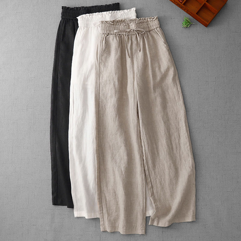 Buddha Stones Casual High Waist Ruffled Drawstring Design Women's Wide Leg Cotton Pants With Pockets - image 26