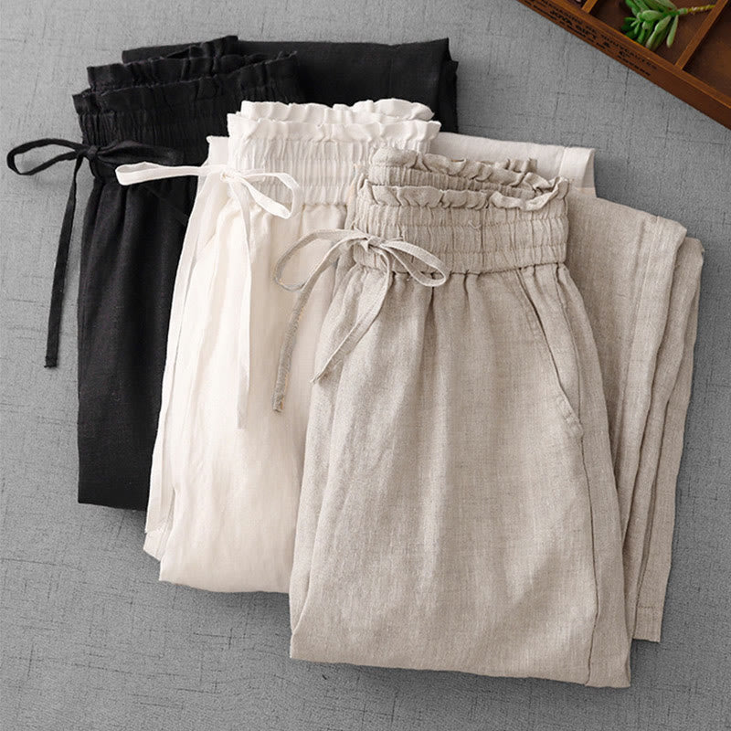 Buddha Stones Casual High Waist Ruffled Drawstring Design Women's Wide Leg Cotton Pants With Pockets - image 27