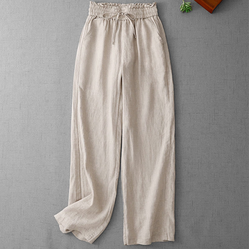 Buddha Stones Casual High Waist Ruffled Drawstring Design Women's Wide Leg Cotton Pants With Pockets - image 1