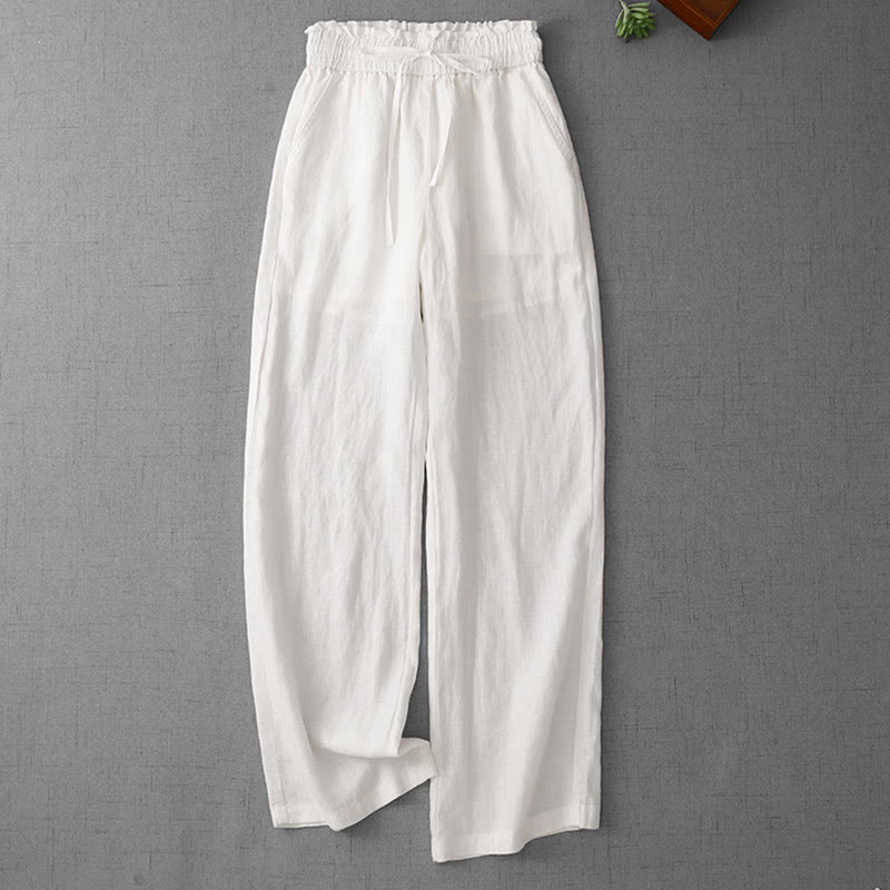 Buddha Stones Casual High Waist Ruffled Drawstring Design Women's Wide Leg Cotton Pants With Pockets - White - US12，UK/AU16，EU44 (2XL) - image 10