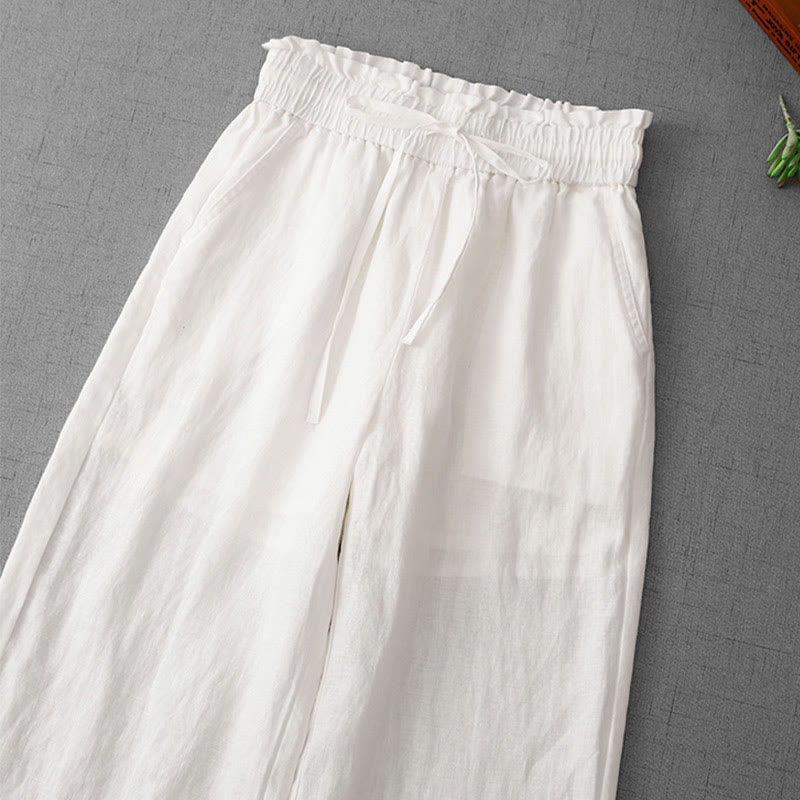 Buddha Stones Casual High Waist Ruffled Drawstring Design Women's Wide Leg Cotton Pants With Pockets - image 12