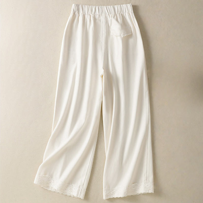 Buddha Stones Casual Lace Patchwork Design High Waist Women's Wide Leg Ankle-Length Pants With Pockets Zipper - image 1