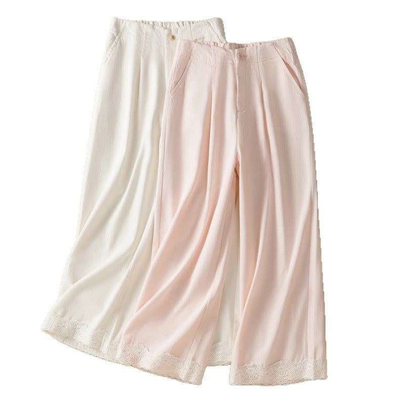 Buddha Stones Casual Lace Patchwork Design High Waist Women's Wide Leg Ankle-Length Pants With Pockets Zipper - image 20