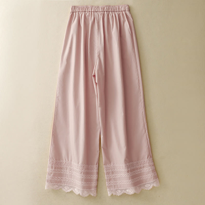 Buddha Stones Commute Plain Lace Patchwork Drawstring Design Women's Wide Leg Cotton Ankle-Length Pants With Pockets - image 1