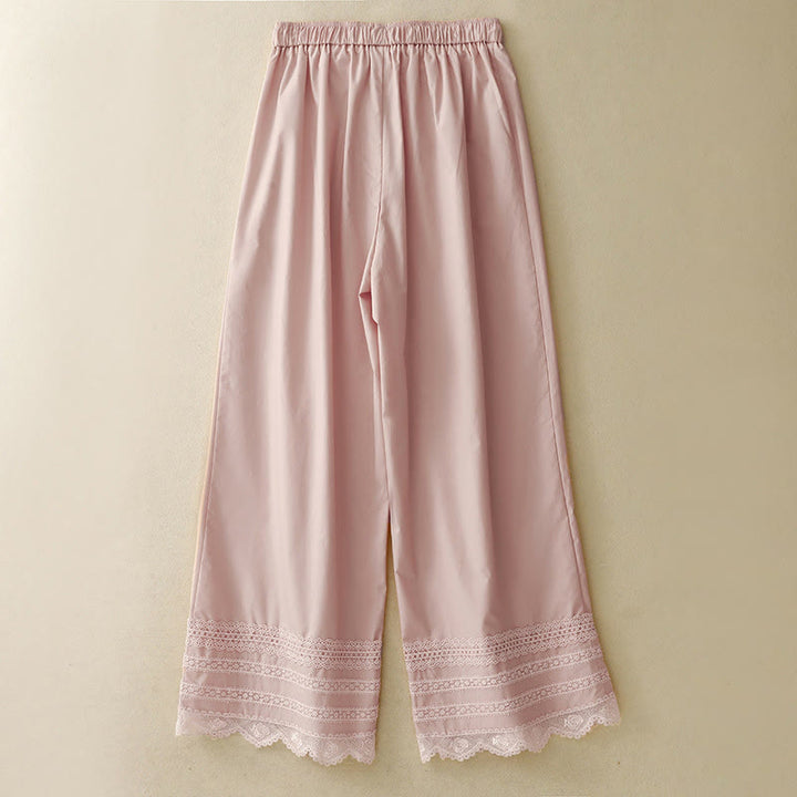 Buddha Stones Commute Plain Lace Patchwork Drawstring Design Women's Wide Leg Cotton Ankle-Length Pants With Pockets - image 1