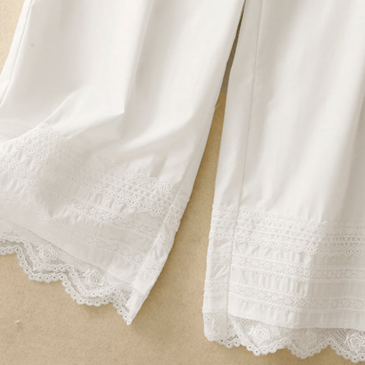 Buddha Stones Commute Plain Lace Patchwork Drawstring Design Women's Wide Leg Cotton Ankle-Length Pants With Pockets - image 11