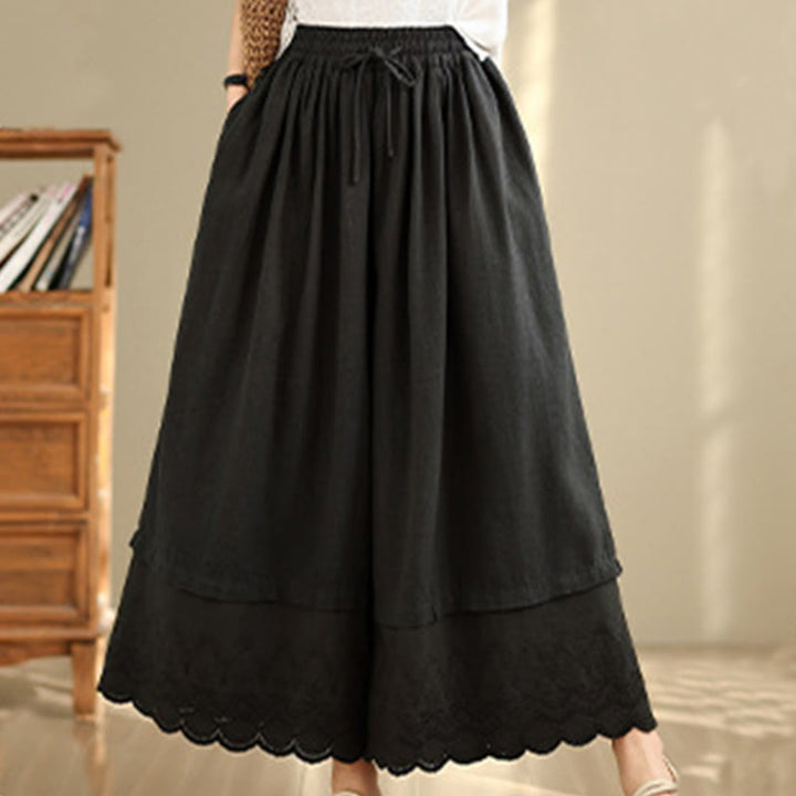 Buddha Stones Spring Embroidery Lace Hem Patchwork Drawstring Design Women's Wide Leg Cotton Pants With Pockets - image 12