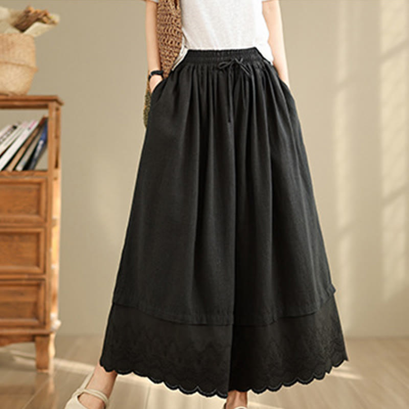 Buddha Stones Spring Embroidery Lace Hem Patchwork Drawstring Design Women's Wide Leg Cotton Pants With Pockets - image 11