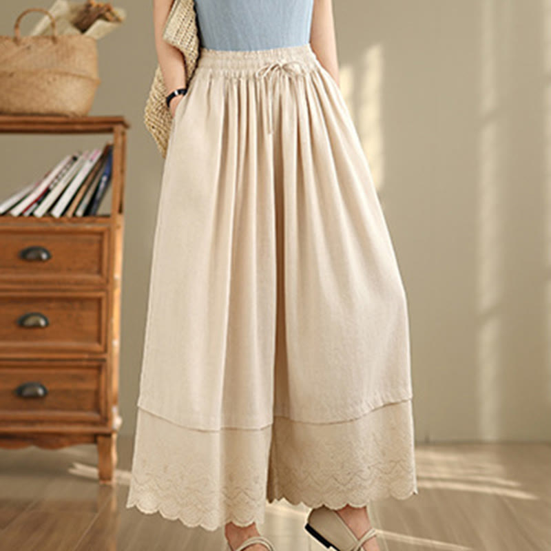 Buddha Stones Spring Embroidery Lace Hem Patchwork Drawstring Design Women's Wide Leg Cotton Pants With Pockets - Beige - US8-10，UK/AU12-14，EU40-42 (2XL) - image 1