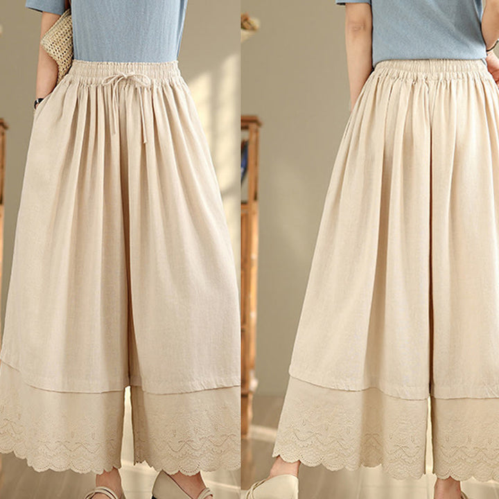 Buddha Stones Spring Embroidery Lace Hem Patchwork Drawstring Design Women's Wide Leg Cotton Pants With Pockets - image 9