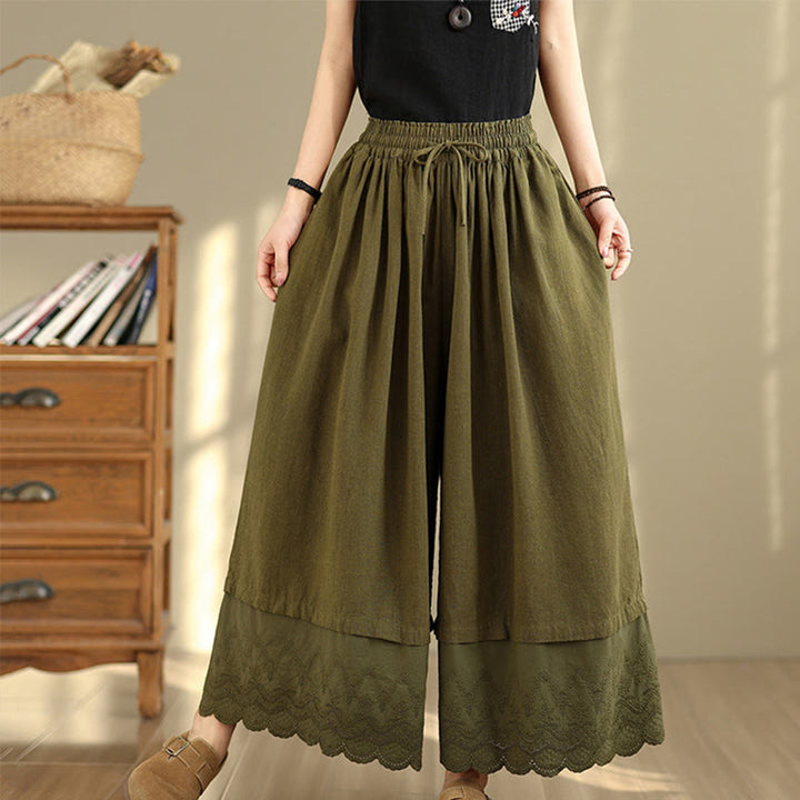 Buddha Stones Spring Embroidery Lace Hem Patchwork Drawstring Design Women's Wide Leg Cotton Pants With Pockets - DarkOliveGreen - US8-10，UK/AU12-14，EU40-42 (2XL) - image 19