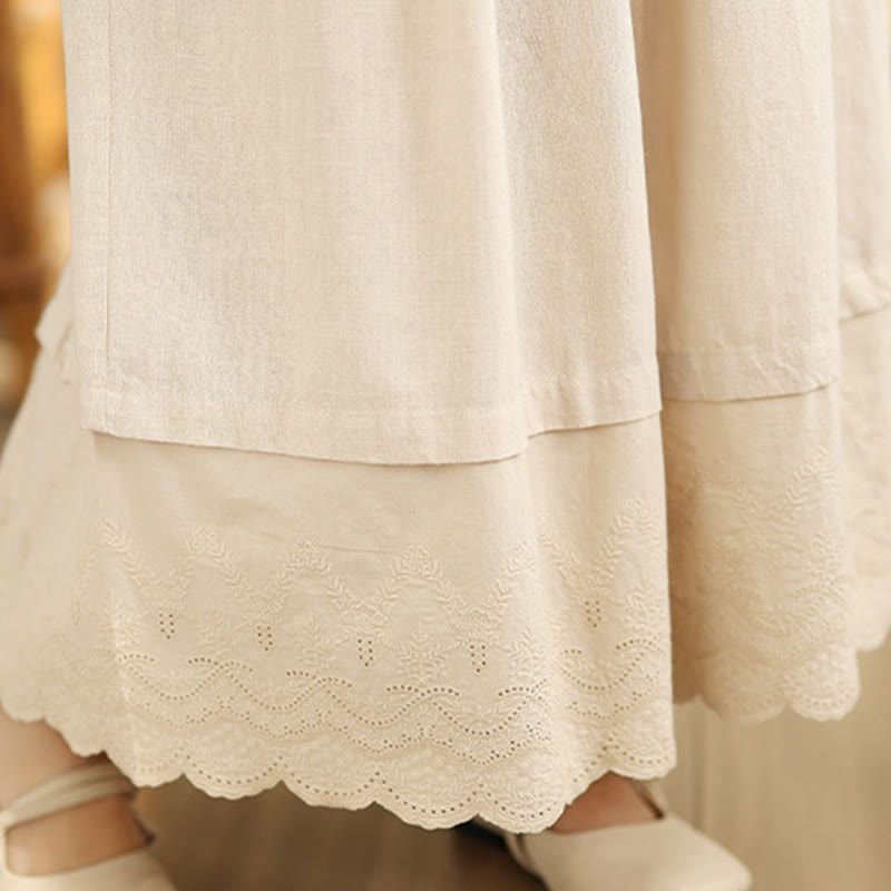 Buddha Stones Spring Embroidery Lace Hem Patchwork Drawstring Design Women's Wide Leg Cotton Pants With Pockets - image 8