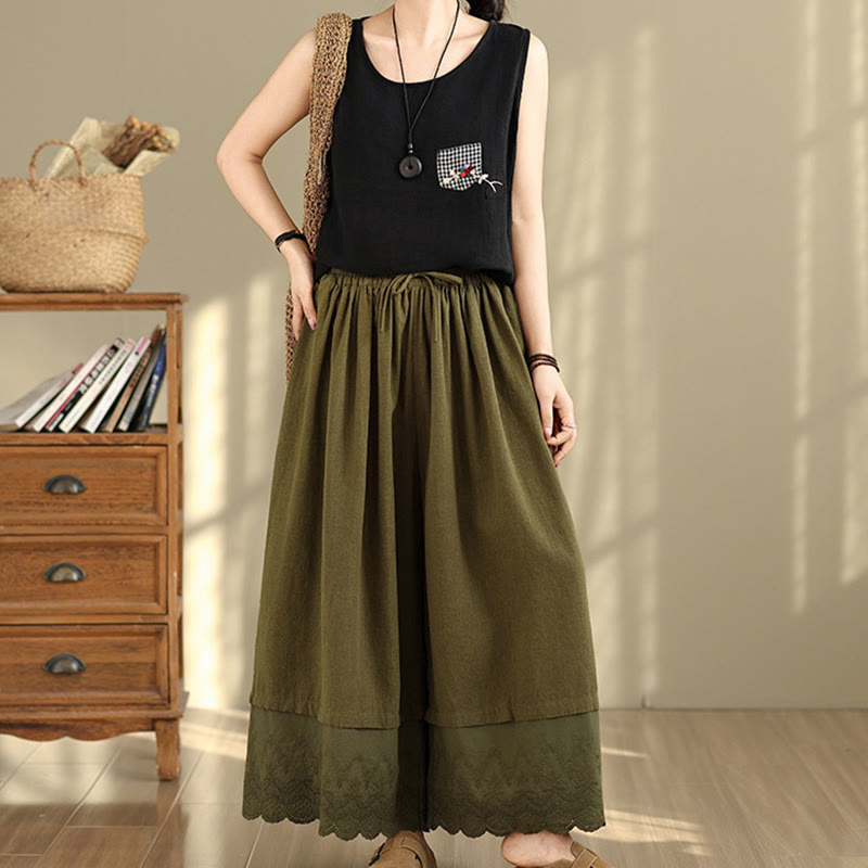 Buddha Stones Spring Embroidery Lace Hem Patchwork Drawstring Design Women's Wide Leg Cotton Pants With Pockets - image 23