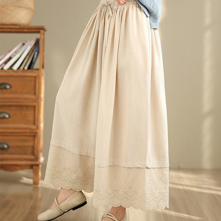 Buddha Stones Spring Embroidery Lace Hem Patchwork Drawstring Design Women's Wide Leg Cotton Pants With Pockets - image 2