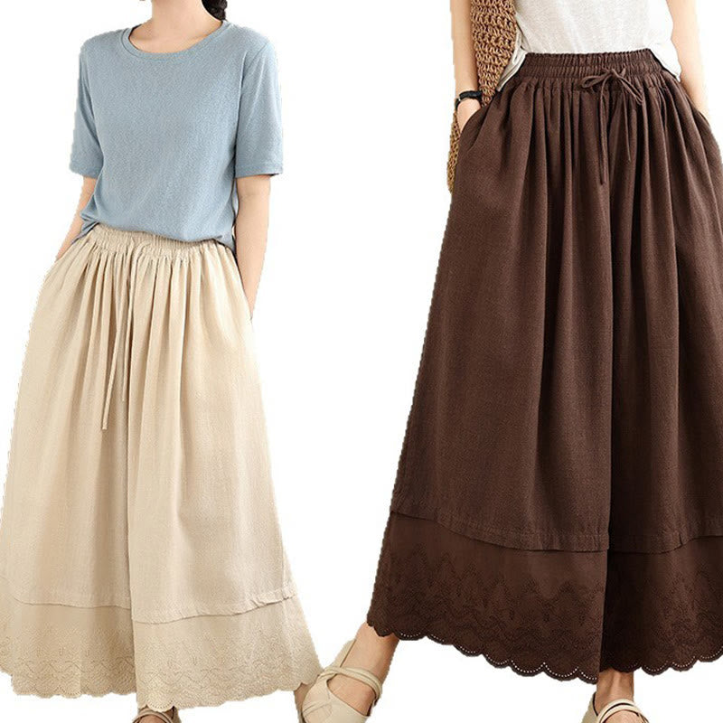 Buddha Stones Spring Embroidery Lace Hem Patchwork Drawstring Design Women's Wide Leg Cotton Pants With Pockets - image 28