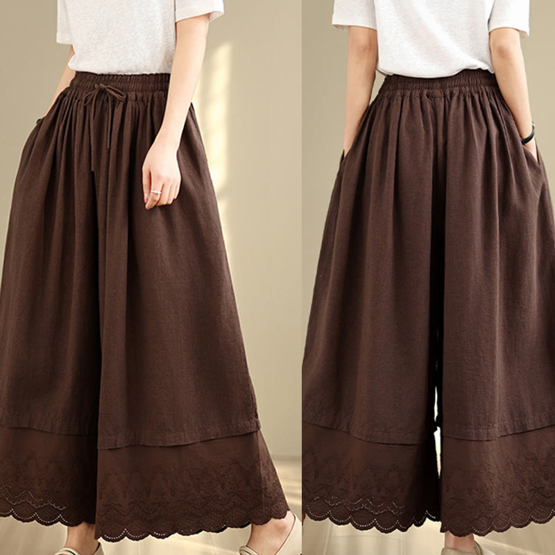 Buddha Stones Spring Embroidery Lace Hem Patchwork Drawstring Design Women's Wide Leg Cotton Pants With Pockets - image 17